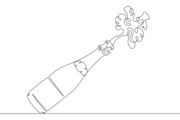 One continuous line.The cork flies out of a bottle of champagne.Bottle of wine and glass.Alcohol and wine glasses.Champagne cork flies out of the bottle of sparkling wine.Continuous line drawing © derplan13