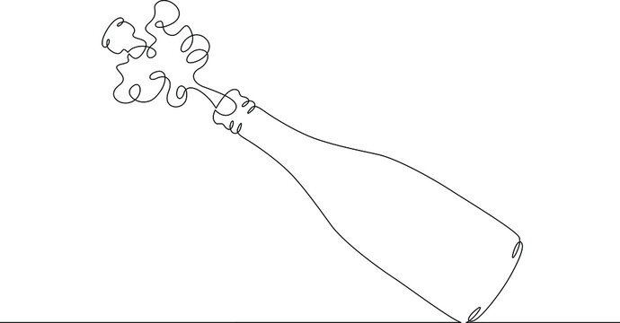 One continuous line.The cork flies out of a bottle of champagne.Bottle of wine and glass.Alcohol and wine glasses.Champagne cork flies out of the bottle of sparkling wine.Continuous line drawing