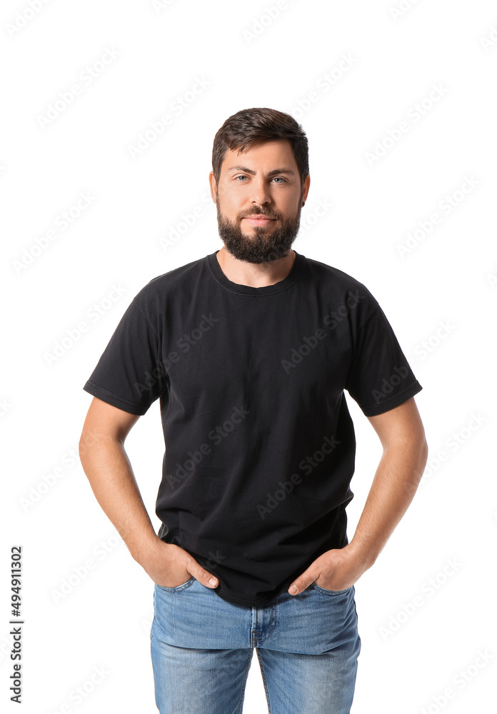 Wall mural Handsome man in black t-shirt on white background