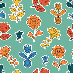 Positive, Groovy Seamless summer  pattern with hippie stickers. 60s, 70s style. Relaxation, retro cartoon pattern. Background, wallpaper, textile design for children, kids