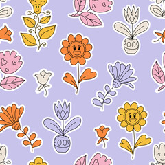 Positive, Groovy Seamless summer  pattern with hippie stickers. 60s, 70s style. Relaxation, retro cartoon pattern. Background, wallpaper, textile design for children, kids