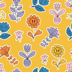Fototapeta premium Positive, Groovy Seamless summer pattern with hippie stickers. 60s, 70s style. Relaxation, retro cartoon pattern. Background, wallpaper, textile design for children, kids