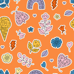 Positive, Groovy Seamless summer  pattern with hippie stickers. 60s, 70s style. Relaxation, retro cartoon pattern. Background, wallpaper, textile design for children, kids