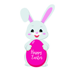 Happy Easter. Greeting card or a posters with easter basket, bunny, spring flowers and Easter egg. Vector illustration.