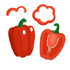Whole, half and sliced ​​red bell peppers. Vector color illustration with pepper vegetable.