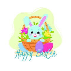 Happy Easter. Greeting card or a posters with easter basket, bunny, spring flowers and Easter egg. Vector illustration.