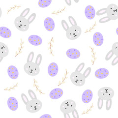 Easter bunny, willow, Easter eggs cute seamless pattern. Happy Easter bacground. Vector illustration for the design of fabric, gift paper, children s clothing, textiles, cards