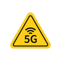 5G yellow triangular warning sign. Danger radiation vector