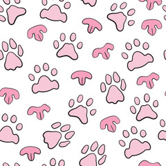 Seamless background of cat noses and paw prints. Cute animal vector pattern on a white background. 