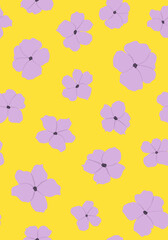 Floral seamless repeat pattern. Lilac, random placed, vector flowers all over print on yellow background.