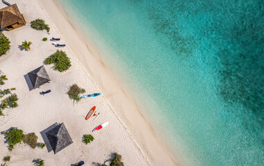 Aerial drone top down view of beach of Stocking Island, Great Exuma, Bahamas.