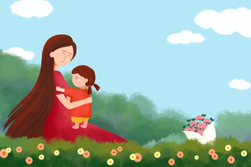 Happy Mother's day illustration.In spring, a mother sits with her daughter on the grass in the garden full of colorful flowers.