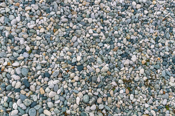 River small pebbles of gray color. Background of small stones. Small stones for road construction and decorative purposes.
