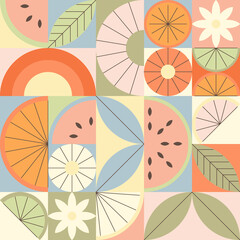 Seamless summer pattern with citrus and watermelon slices in abstract geometric style
