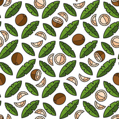 Fototapeta na wymiar Seamless pattern with palm leaves and coconuts. Tropical vector background with isolated objects.