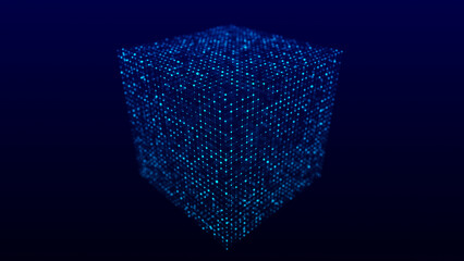 Network connection structure in the form of a cube. Technology connect big data. Science background. Abstract geometric 3D objects. 3D rendering.