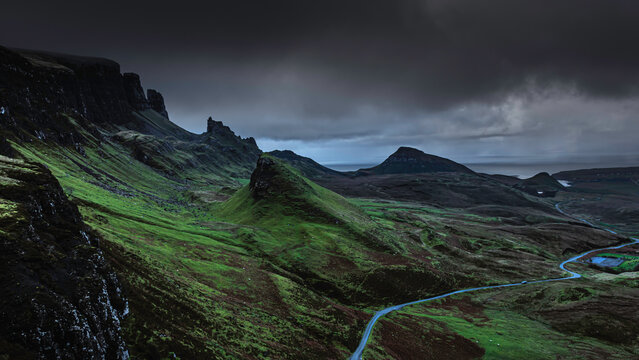 The Quiraing. Famous landmark and tourists attraction on Isle of Skye, Scotland.