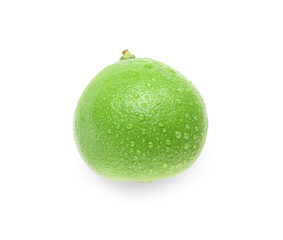 Ripe bergamot fruit with water drops on white background