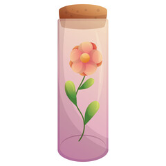 Little flower in test tube with cork. Glass bottle with plant inside. Isolated hand drawn vector illustration on white background. Ecology nature, organic cosmetics concept.
