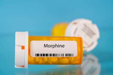 Morphine. Morphine pills in RX prescription drug bottle
