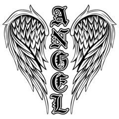 Abstract vector illustration black and white wings and inscription angel in the Gothic style. Design for tattoo or print t-shirt .