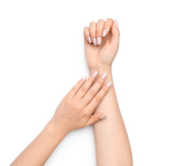 Female hands with stylish gentle manicure on white background