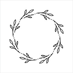Vector hand drawn spring wreath isolated on white background. Outline circle of leaves. Doodle style. Floral frame. Family monogram.