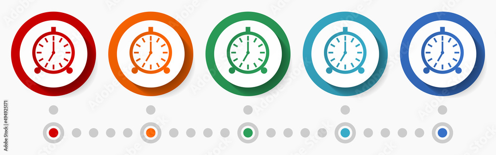 Poster Alarm clock concept vector icon set, flat design colorful buttons, infographic template in 5 color options