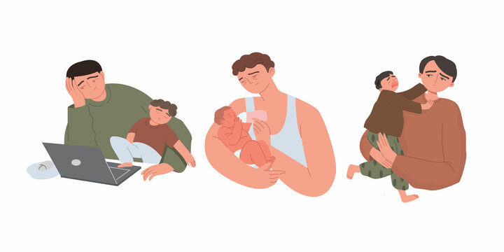 Different tired parent takes care of the baby. Men Feeds from a bottle baby. Helps with homework. The concept of parenthood.  Vector flat illustration on an isolated white background.