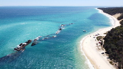 Aerial view of crashed boats in the sea, Moreton Island, Queensland, Gold Coast, Australia