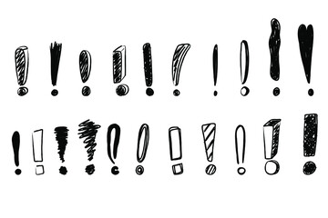 Hand drawn exclamation marks. Doodle exclamation point. Punctuation marks. Black vector handwritten illustration on white background.