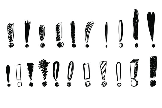 Hand drawn exclamation marks. Doodle exclamation point. Punctuation marks. Black vector handwritten illustration on white background.