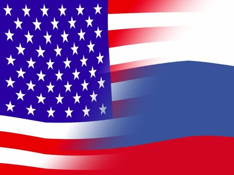 Russia United States of America (USA). Waving flag of the Russia and USA. Illustration of the flag of the Russia and the United States of America flag. Horizontal design. Abstract design. Video. Map.