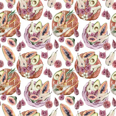 Watercolor tropical food seamless pattern on white background for fabric, scrapbook paper, textile, sublimation, print, wrapping paper. Floral wreath, bouquets and arrangements.