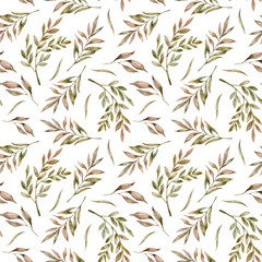 Spring green leaves watercolor floral seamless pattern on white background for fabric, scrapbook paper, textile, sublimation, print, wrapping paper. Floral wreath, bouquets and arrangements.