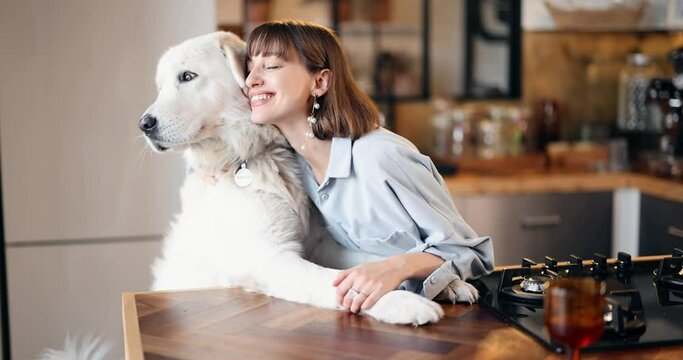 Portrait of a young woman hugs with her huge adorable and funny dog in the kitchen at home. Leisure time and friendship with pet concept