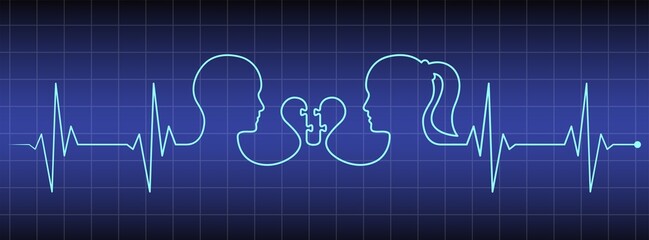Cardio diagnosis line, heart, man, woman head, love couple line art vector. Heart rhythm ekg vector design to use in love, healthy lifestyle, emotion, family concept illustration projects. 