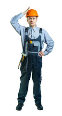 Worker, engineer, builder, locksmith guessed what to do. a great idea came to the man, an insight. the man jokingly banged himself on the head when he realized something. isolated. full height.