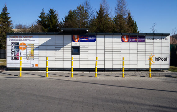 Smart electronic steel parcel locker box, automatic mailboxes. Package collection machine, InPost Paczkomat delivery service on March 24, 2022 in Krakow, Poland.