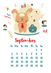 Vertical vector calendar for september 2023 with cute cartoon business rabbit.
The year of the rabbit according to the Chinese calendar, symbol of 2023.
Week starts on Sunday. 