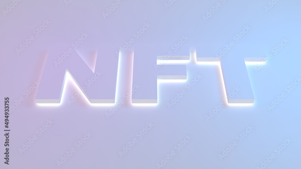 Wall mural 3d rendering of nft neon glow text background. concept of nft becomes more popular and well known. p