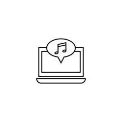 Obraz premium Computer, internet and communication concept. Modern monochrome sign in flat style. Suitable for web sites, stores, books etc. Line icon of musical note inside of speech bubble on laptop monitor