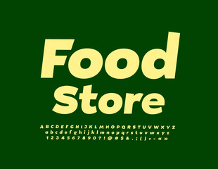 Vector bright Emblem Food Store.  Modern Font. Artistic Alphabet Letters and Numbers set