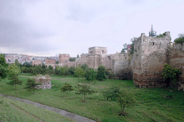 Fototapeta na wymiar Theodosian walls. Walls of Constantinople. Section of the ancient wall that surrounded the city of Constantinople. 