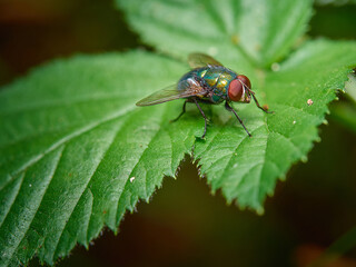 A colorful fly perched on a green leaf in close-up