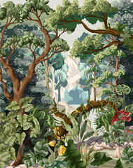 Fototapety  Jungle wallpaper with trees and tropical plant. Vector.