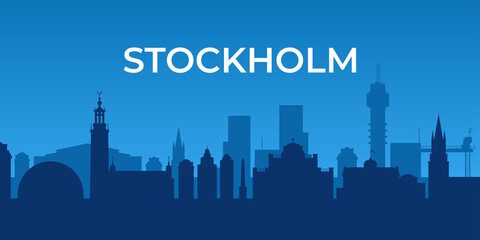 Horizontal banner of Stockholm. Stockholm skyline in blue, Sweden.