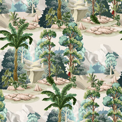 Seamless pattern with jungle trees and tropical plant. Vector. © Yumeee