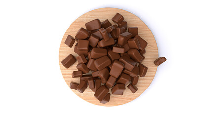 3d rendering of small square chocolate pieces falling onto a round wooden cutting board