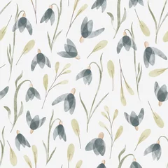 Behang Floral spring seamless pattern with blue snowdrops and green leaves. Watercolor hand drawn isolated illustration border, meadow or floral background for your design. © Alina